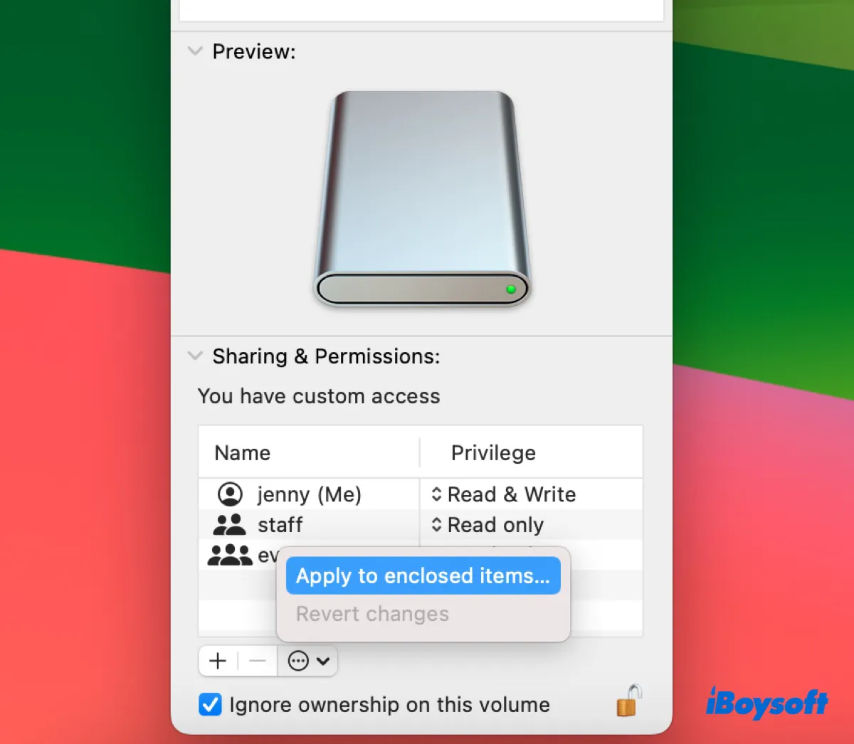 Change permissions when you cannot add files or folders to external drive on Mac