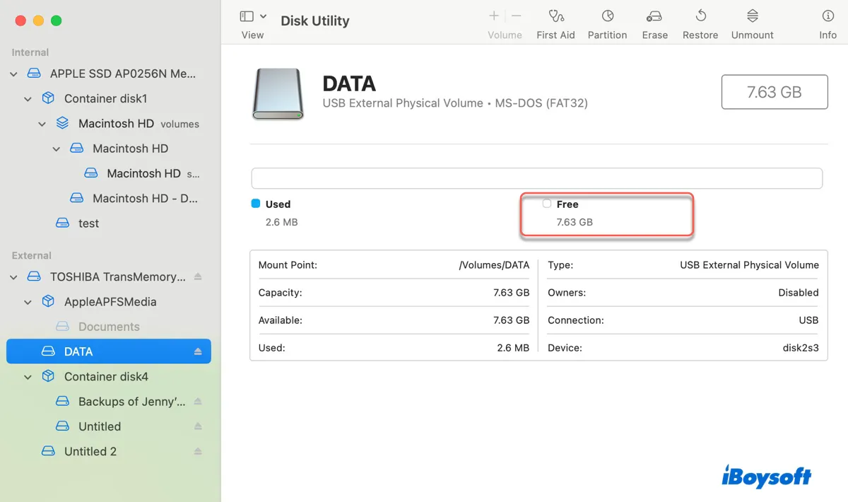 Check how much free space your external drive has in Disk Utility