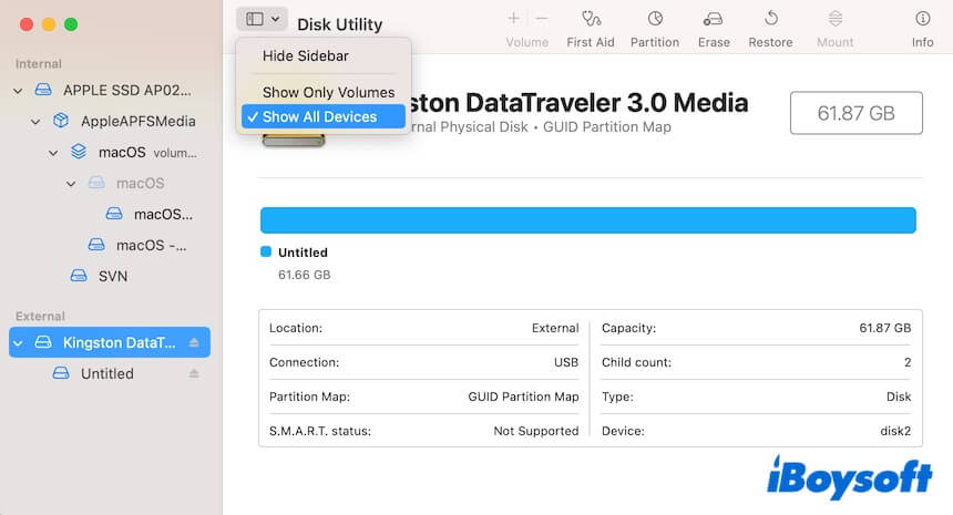 mostrar todos los dispositivos en Utilidad de Discos