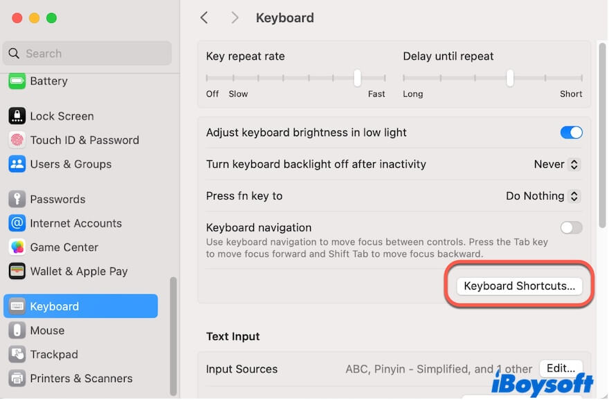 open keyboard shortcut settings