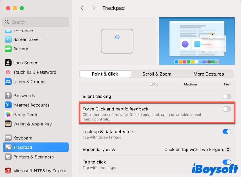 disable Force Click and haptic feedback