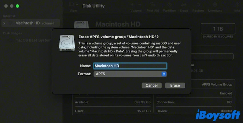 erase Macintosh HD group