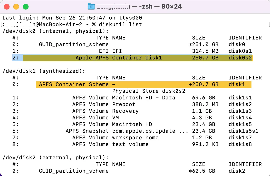 Check the identifier of the APFS container in Terminal