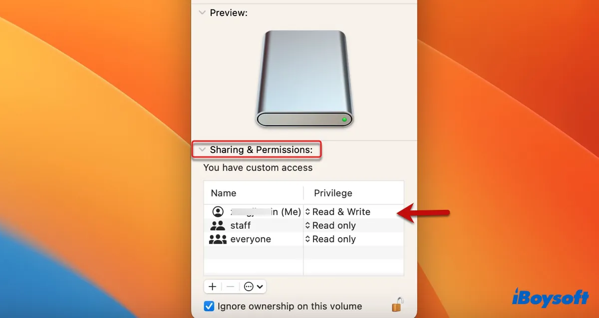 Überprüfen Sie die Berechtigungen Ihrer externen Festplatte am Mac