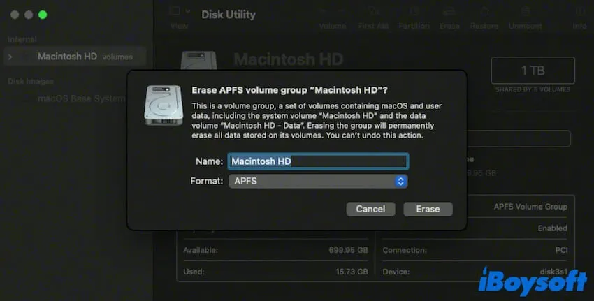 erase Macintosh HD volume group