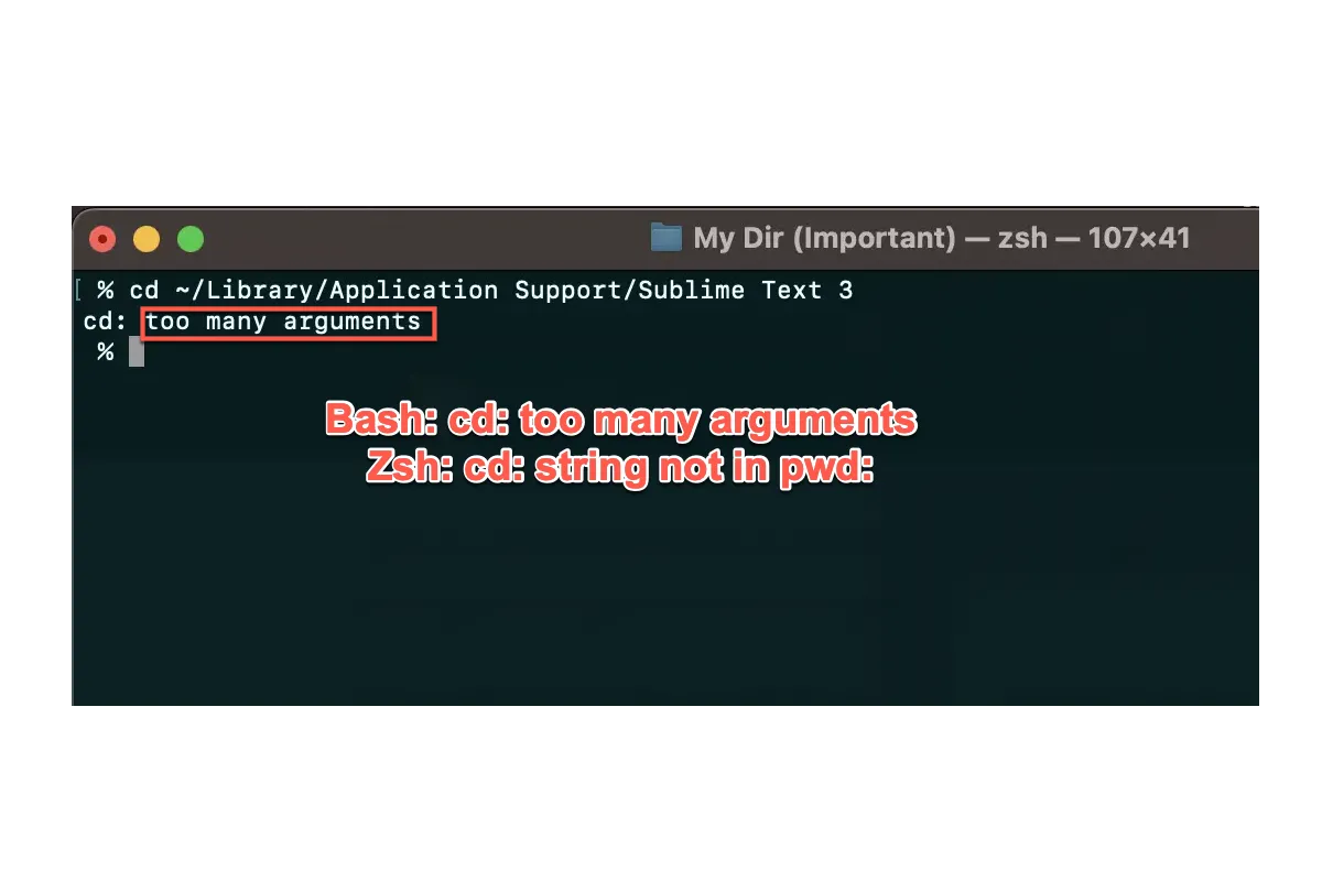 bash cd too many arguments zsh string not in pwd