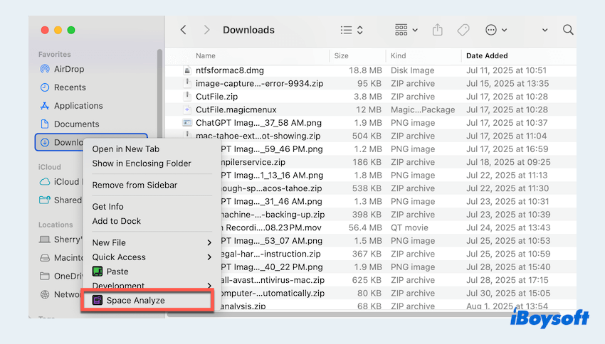vérifier l'espace des dossiers avec l'extension iBoysoft MagicMenu