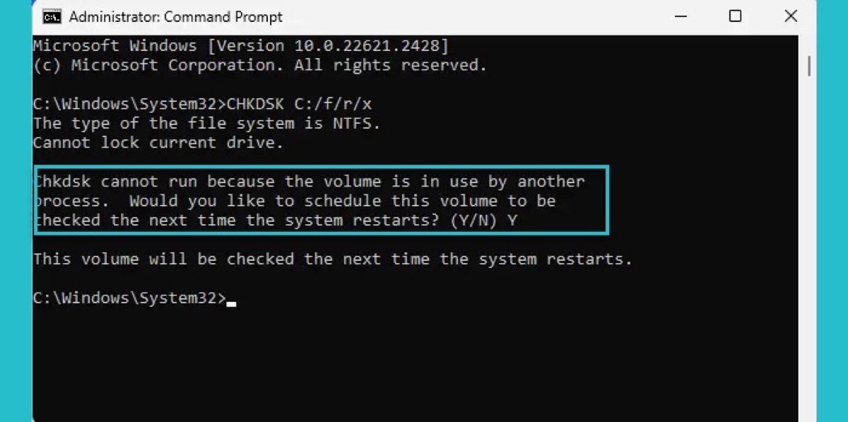 Programar chkdsk para el próximo reinicio