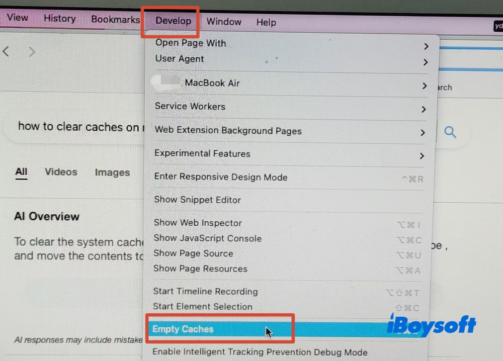Cliquer sur Vider les caches dans Safari