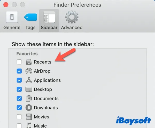 uncheck Recents on Mac Finder Preferences