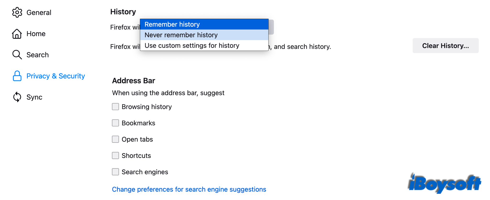 never remember history Firefox