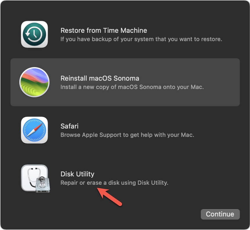 Wählen Sie das Festplattendienstprogramm im macOS-Wiederherstellungsmodus
