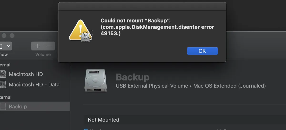 Fix com apple DiskManagement disenter error 49153 on Mac