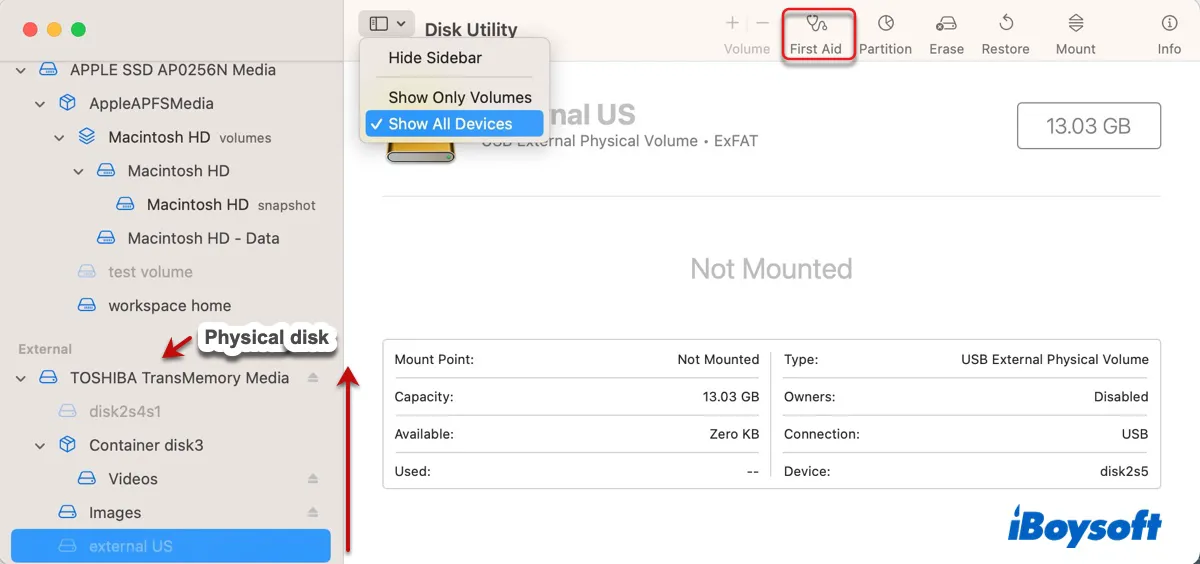 Repair unmountable external drive on Mac using Disk Utility