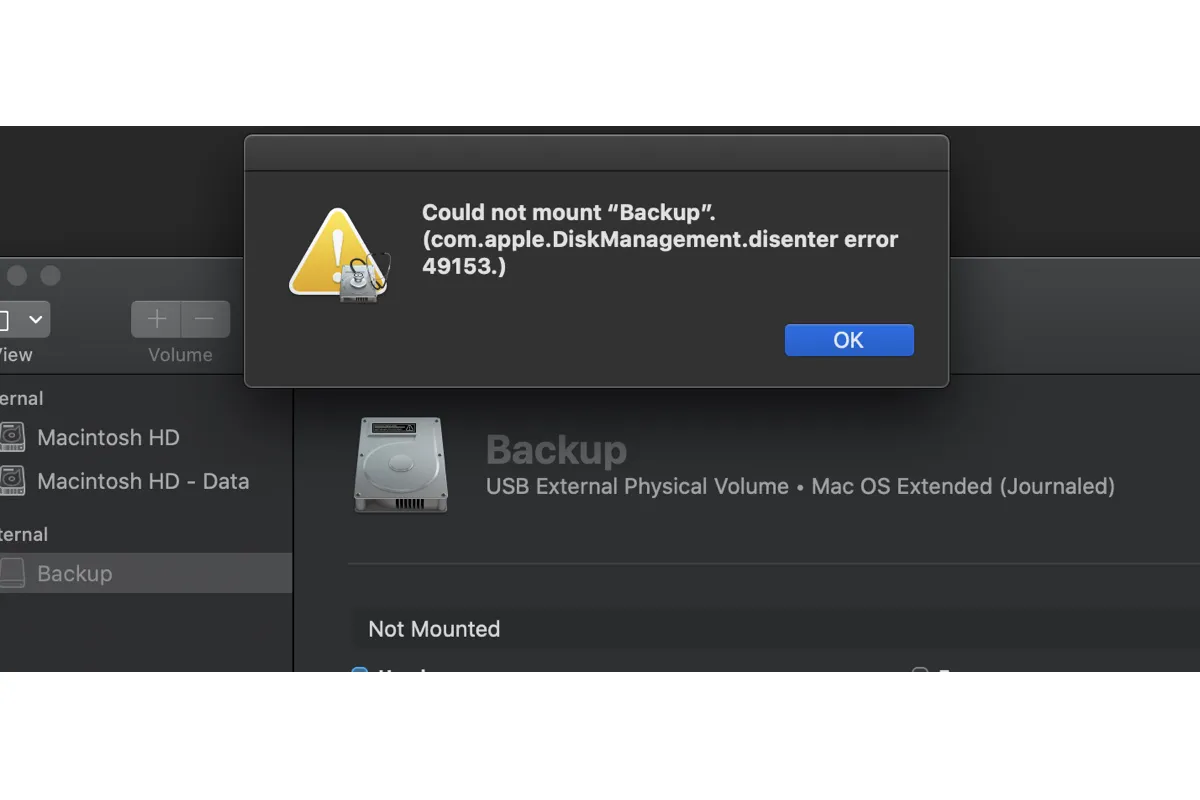 com apple DiskManagement disenter error 49153 on Mac