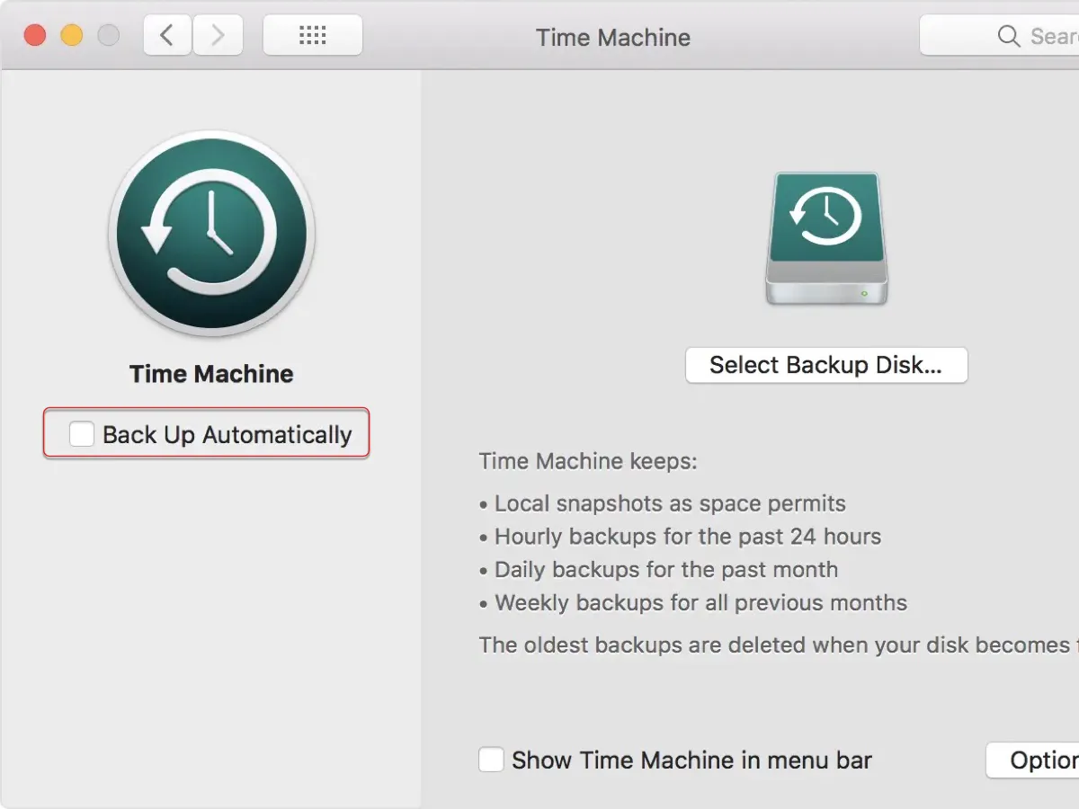 Turn off Time Machine on macOS Monterey or earlier