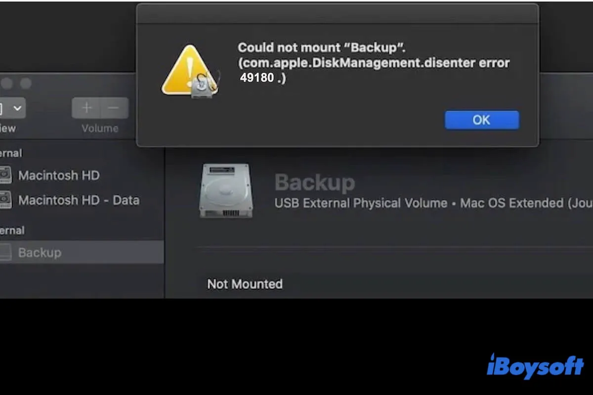 disque non monté erreur com.apple.DiskManagement.disenter 49180