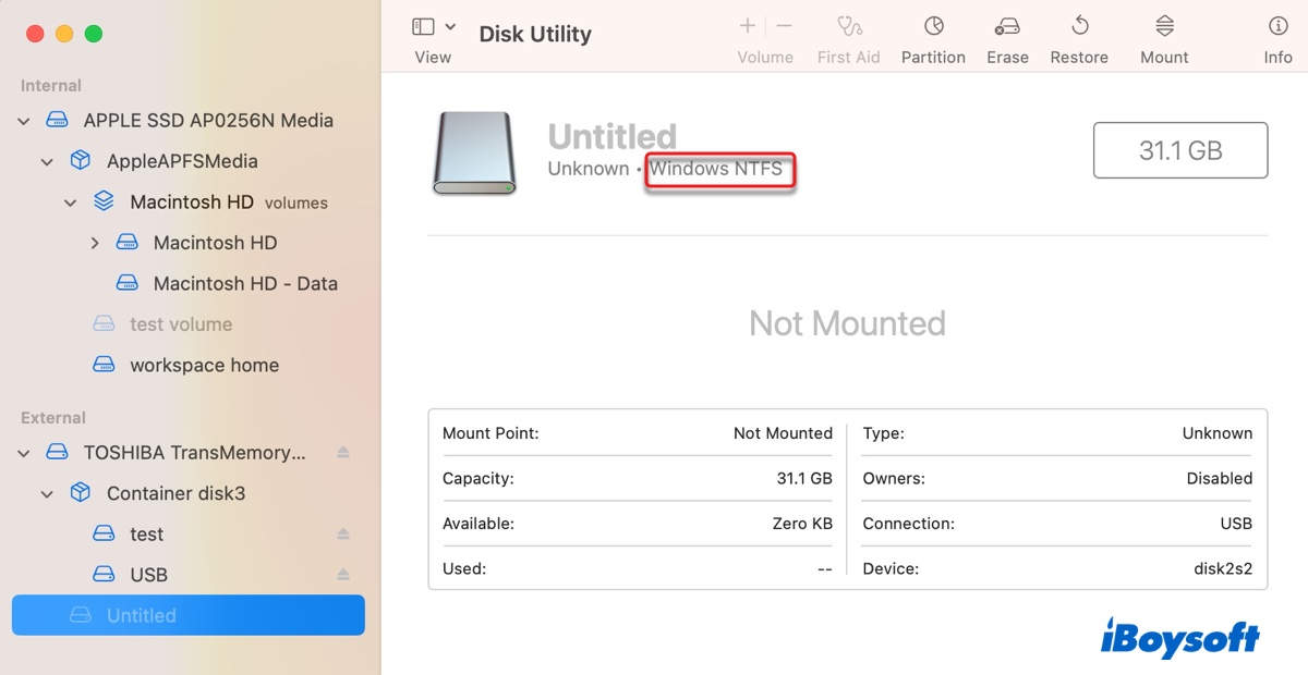 Disk Utilityでアンマウント可能なドライブのファイルシステムを確認
