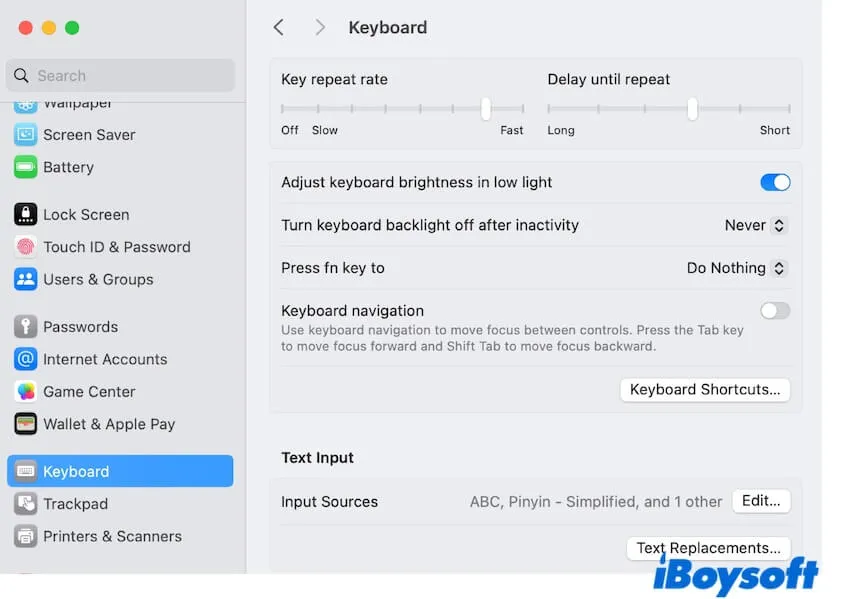 paramètres des raccourcis clavier