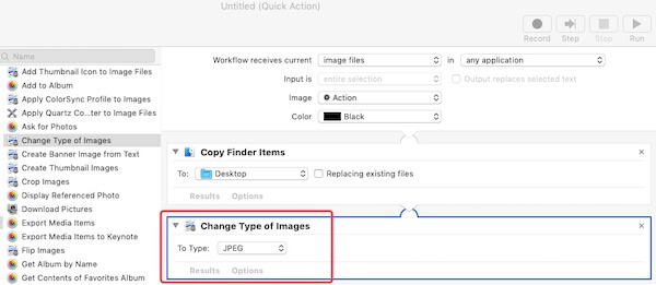 Select JPEG in the Change Type of Images field