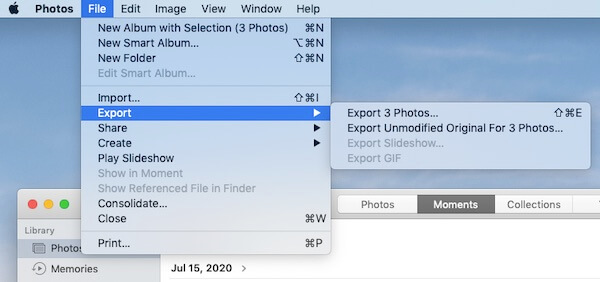 Select the Export option in Photos menu bar