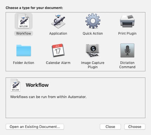 Select the Quick Action option in Automator
