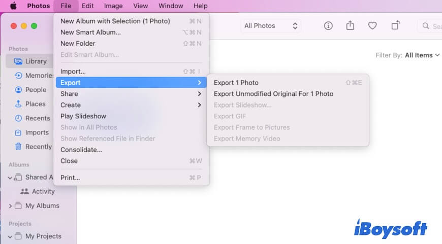 exporter une image avec l'option de fichier Mac Photos