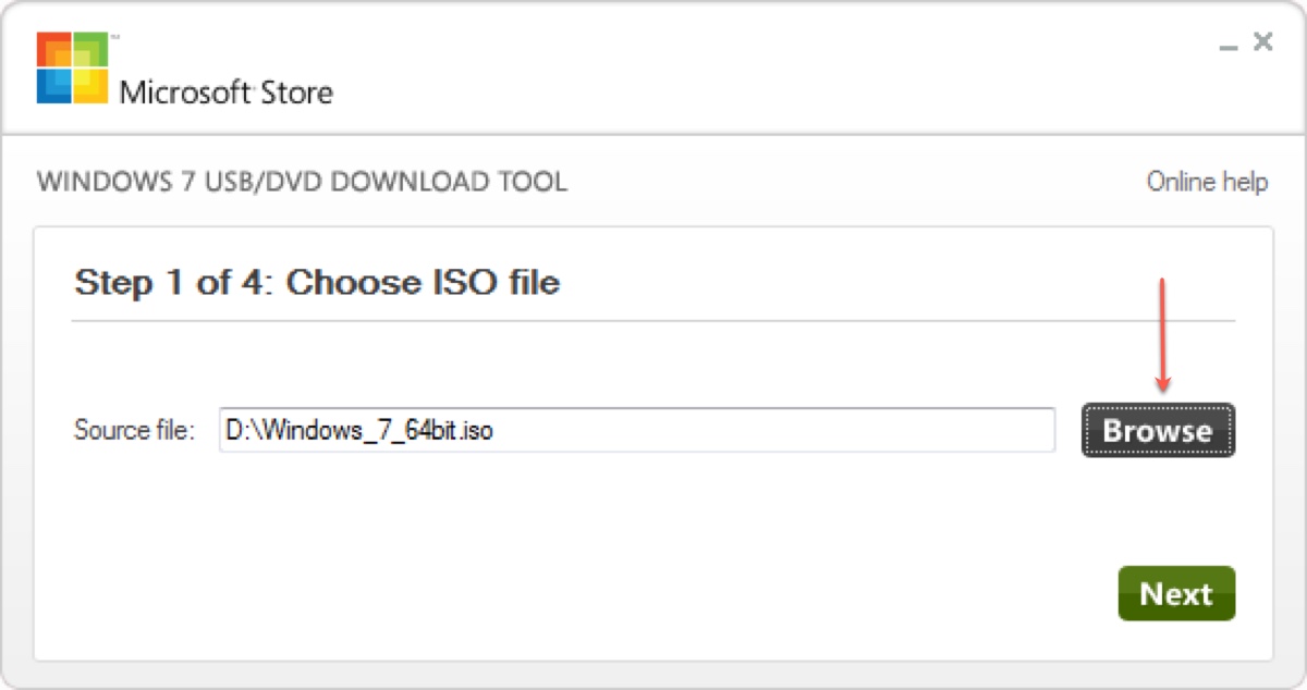 Choose ISO file in Windows 7 USB/DVD Download Tool