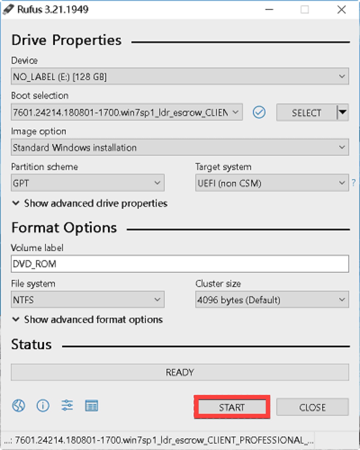Create Windows 7 boot disk with Rufus