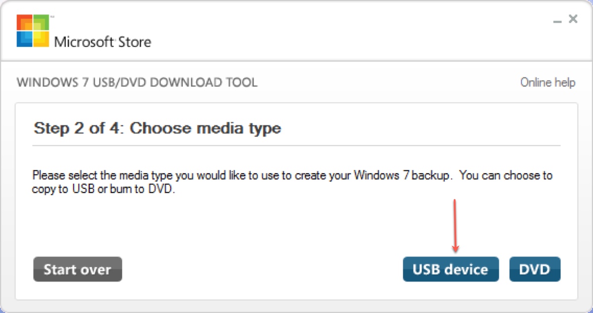 Choose USB device in Windows 7 USB/DVD Download Tool