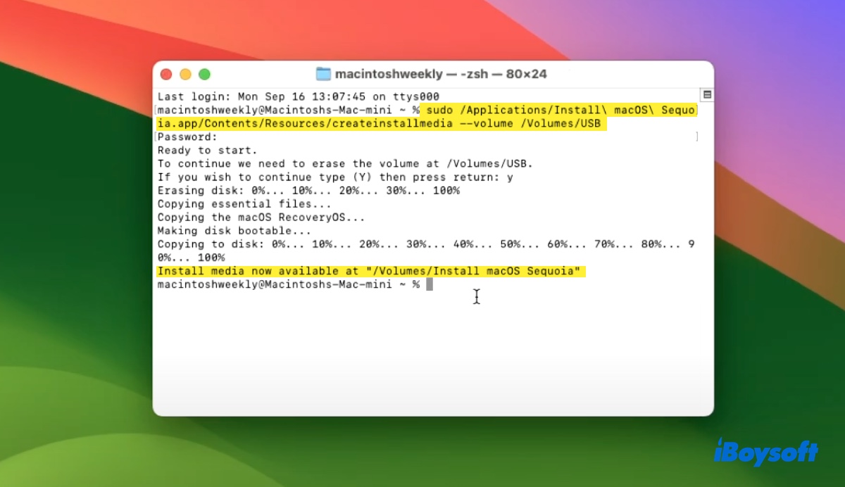 Crear instalador USB de arranque de macOS Sequoia en Terminal