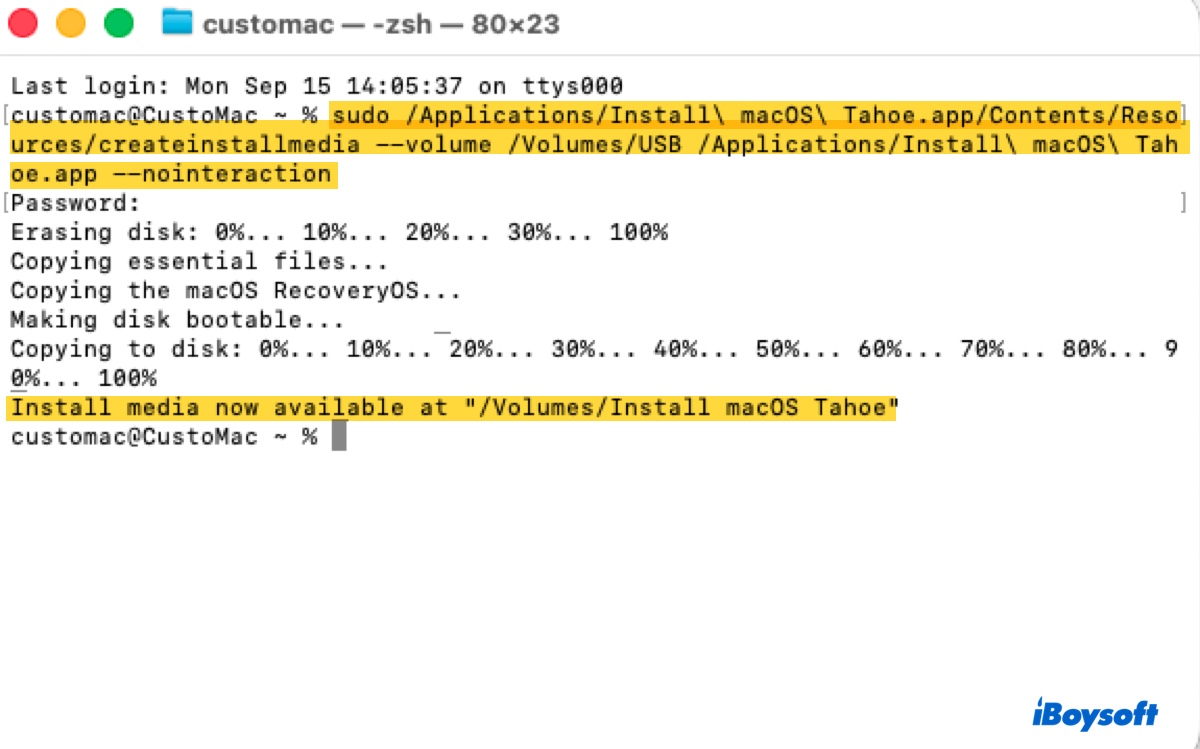 ターミナルでmacOS TahoeブータブルUSBインストーラーを手動で作成