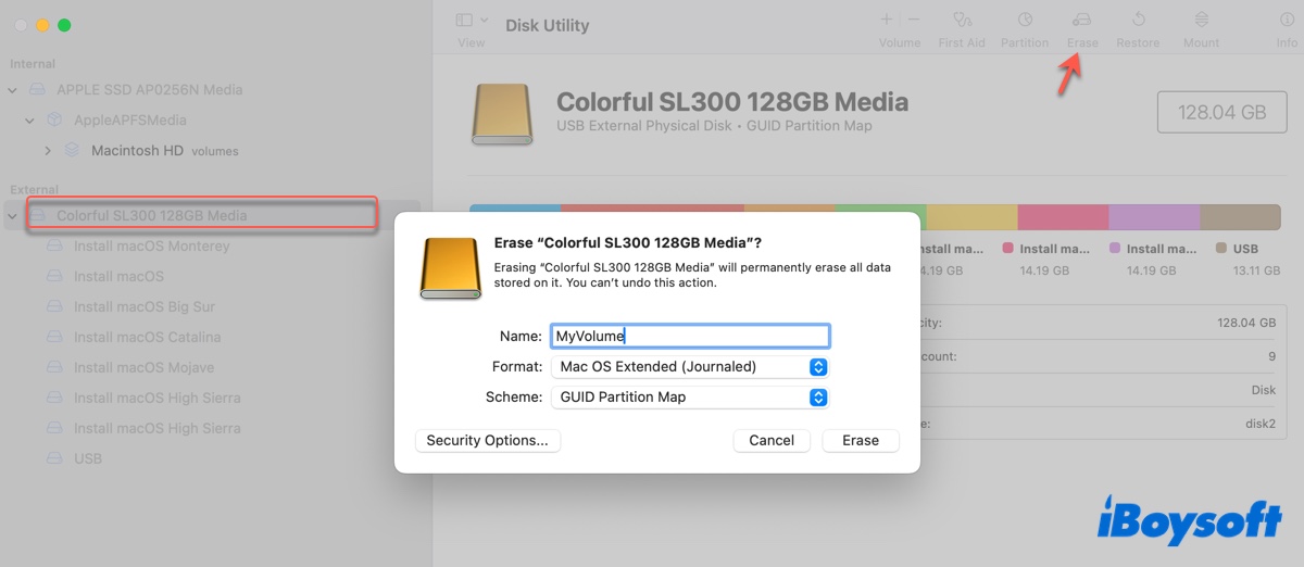 macOS Tahoeブータブルインストーラーの準備のために外部ドライブを消去