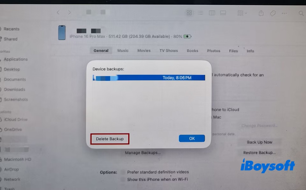 Delete backup in Finder