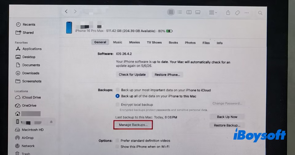 Manage backups in Finder