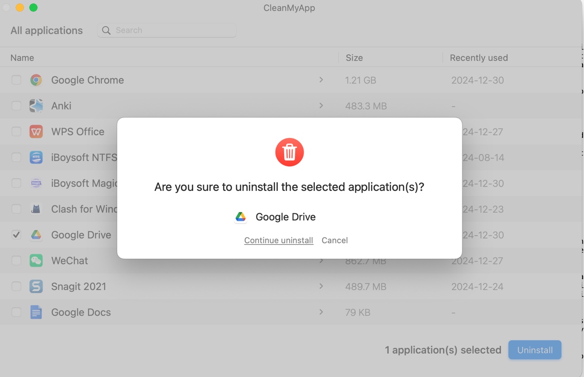 Confirm to uninstakk Google Drive on Mac