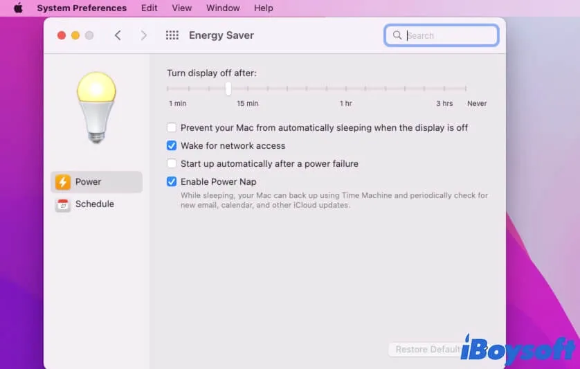reset Energy Saver preferences on MacBook
