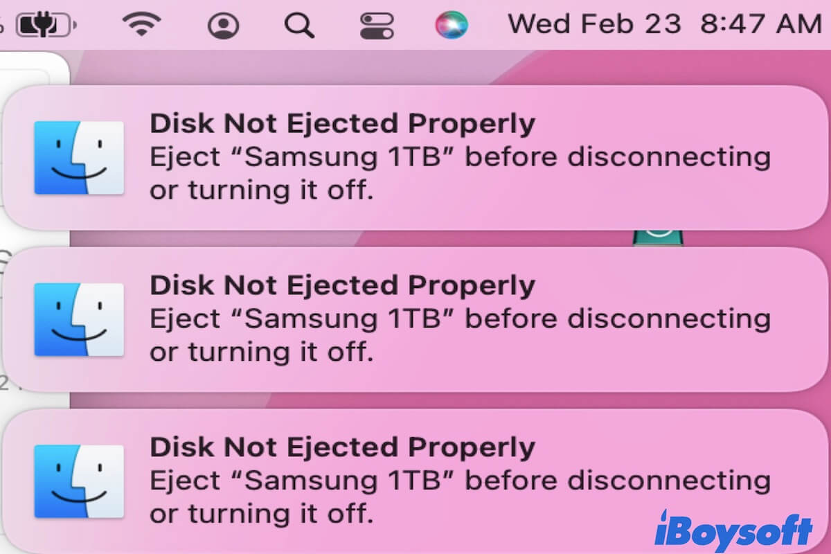 notification disk not ejected properly on Mac