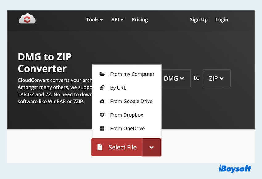 Online convertersによるDMGからZIPへの変換
