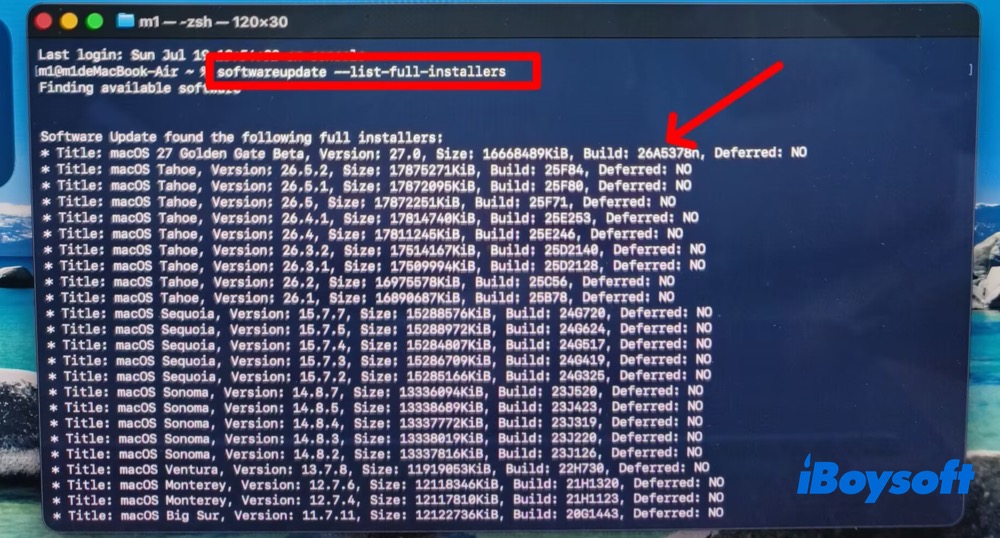 Use Terminal commands to list full installer