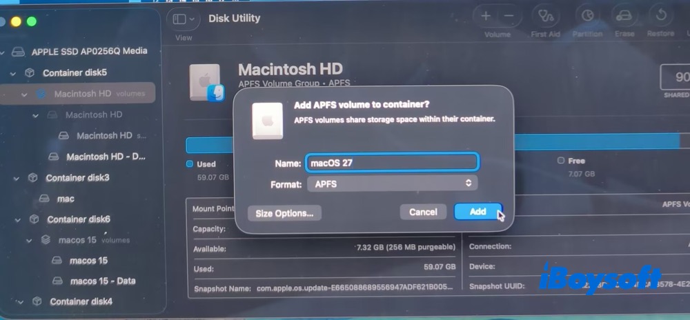 Create a new volume macOS 27