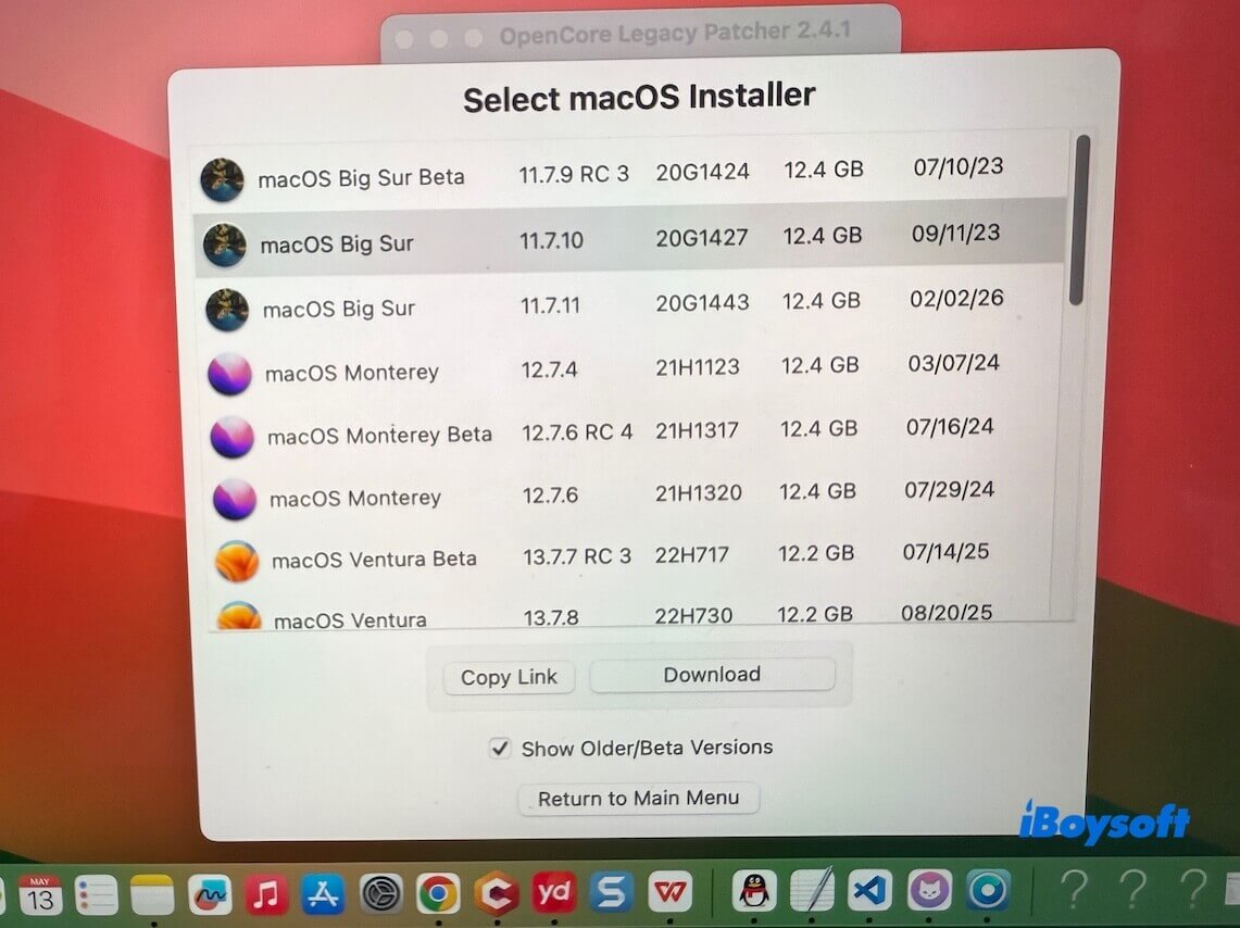 select a macOS version in OCLP