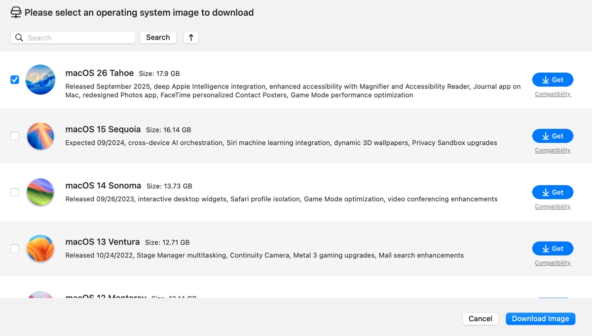 Descargar archivo DMG del instalador completo de macOS Tahoe