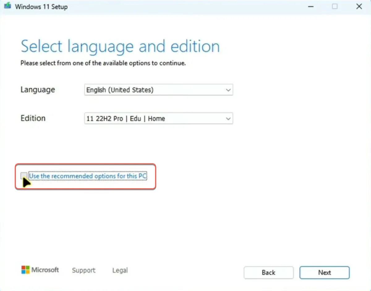 Select language and Windows edition