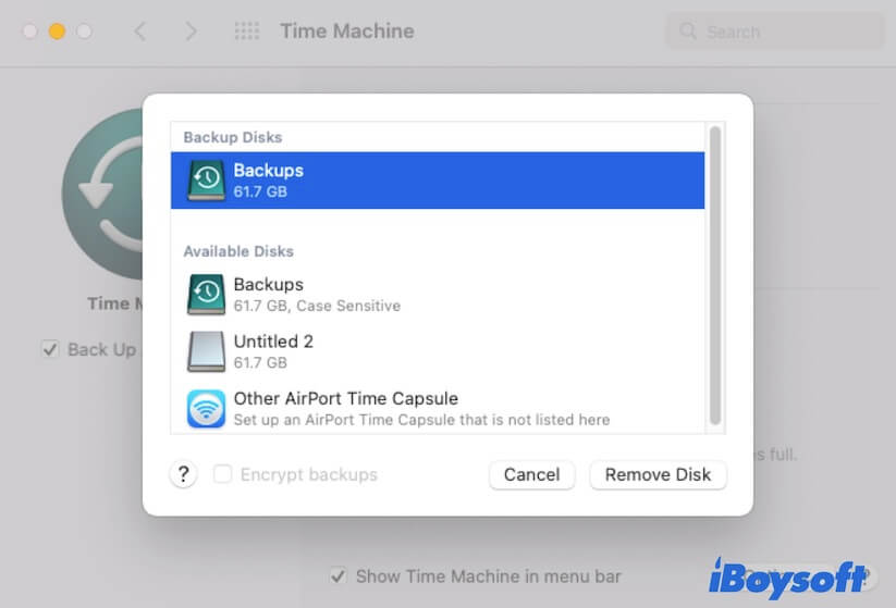 remove Time Machine bakup disk