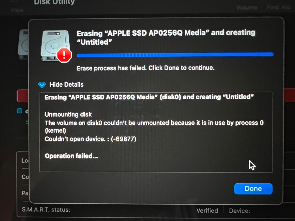 Erase process has failed on Mac internal hard drive