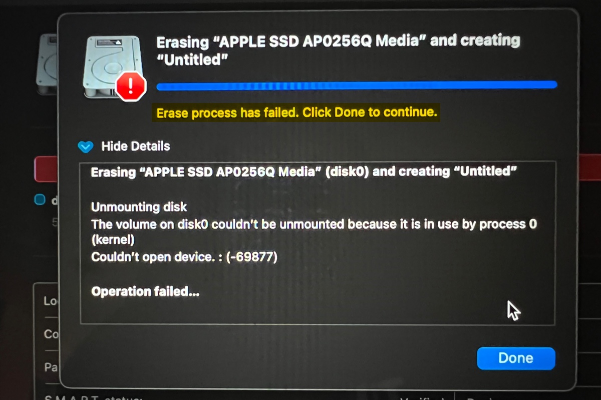 Erase process has failed on MacBook