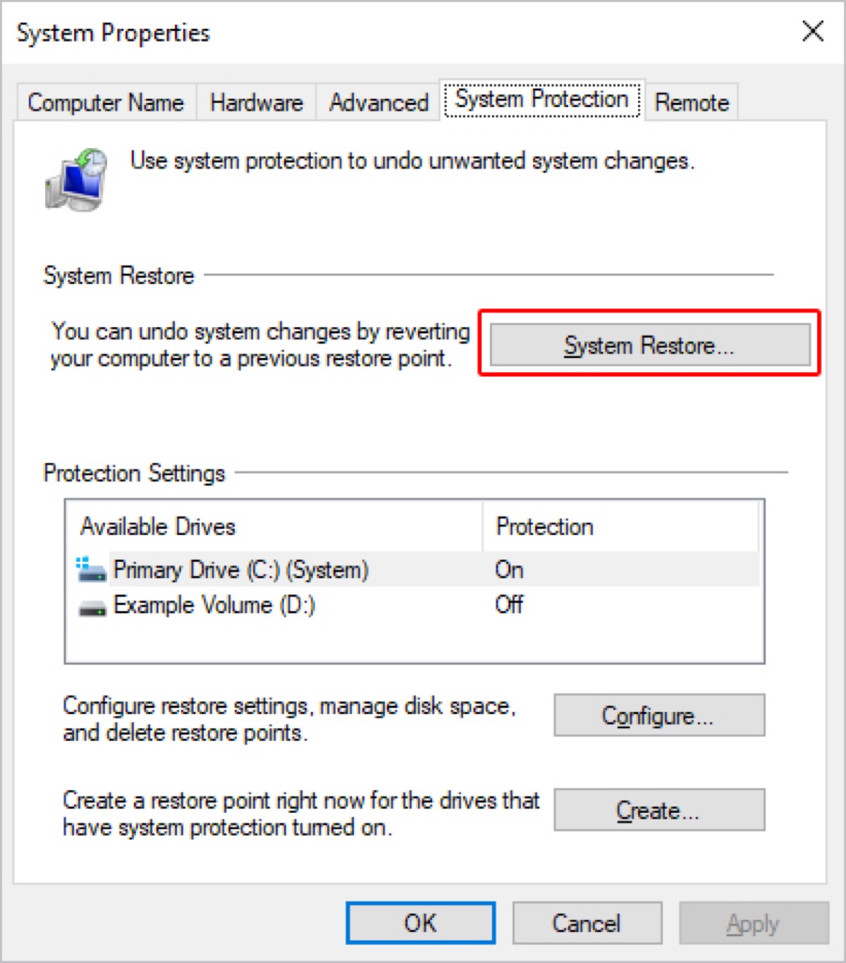 Restore system from System Properties
