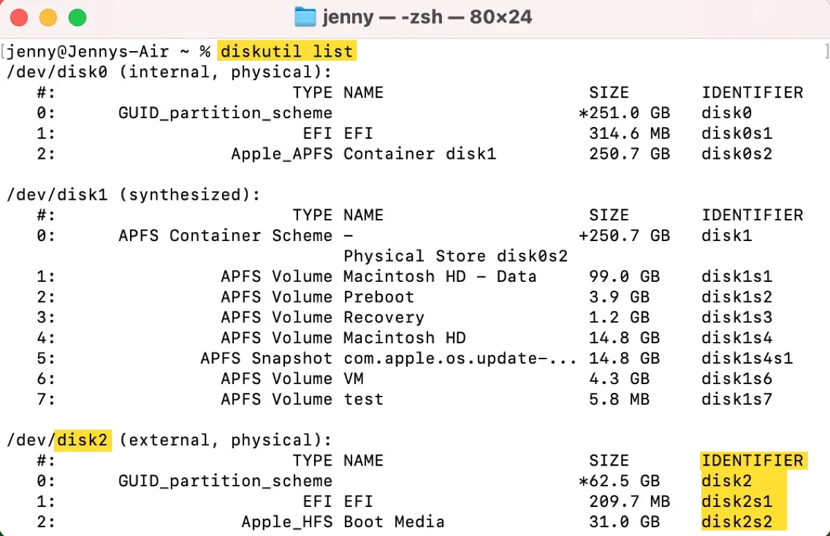 Suchen Sie die Datenträgerkennung der nicht einbindbaren Festplatte in Terminal