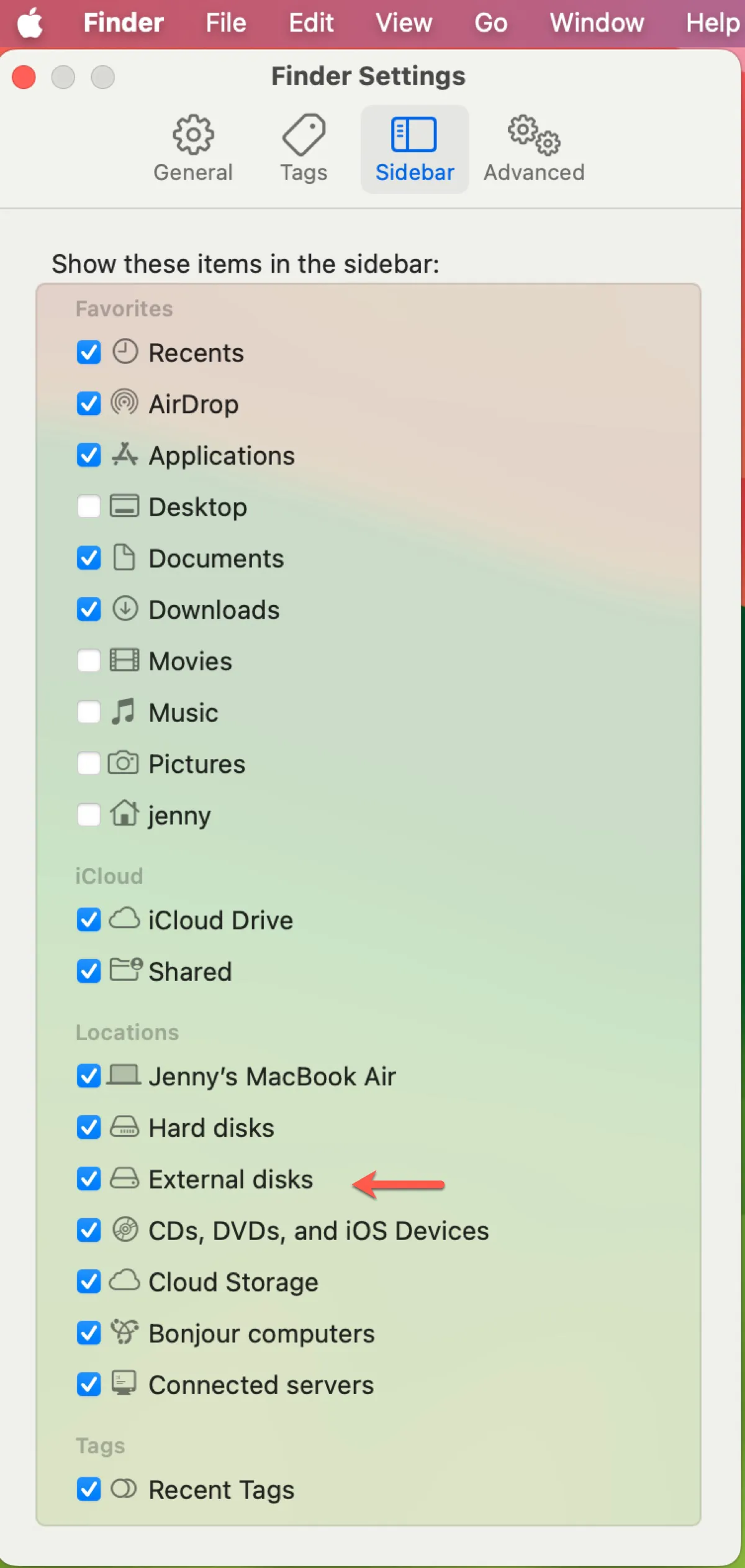 How to show extenal drives in Mac Sequoia Finder sidebar